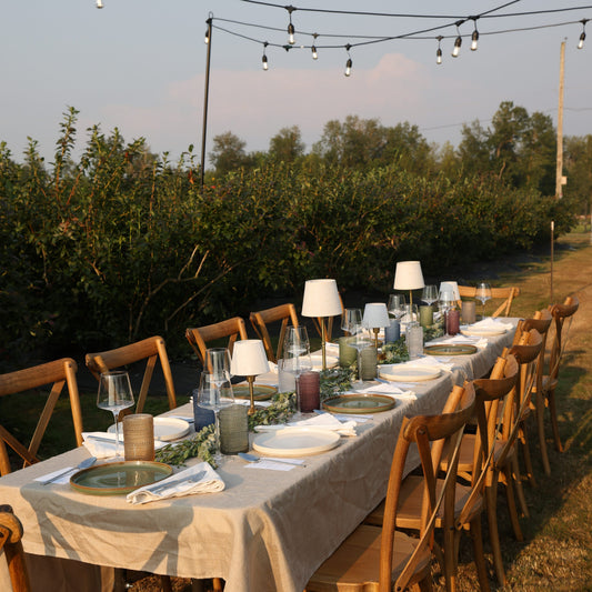 An outdoor dining table set with a beige tablecloth, wooden chairs, white plates, glassware, and small table lamps, arranged in a vineyard at sunset under string lights.